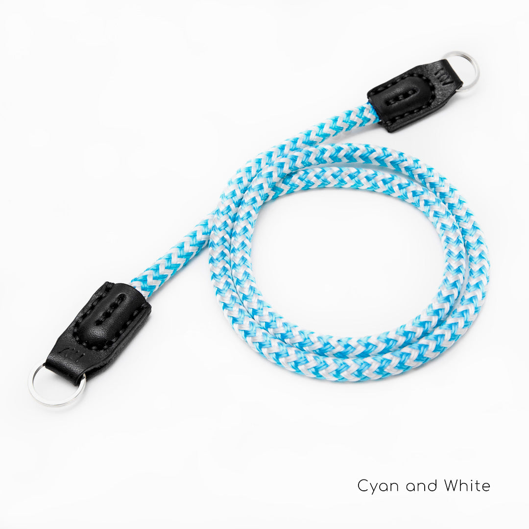 The Shorty 75cm rope camera strap in Cyan/White handmade by Henry and Wilde in Western Australia.