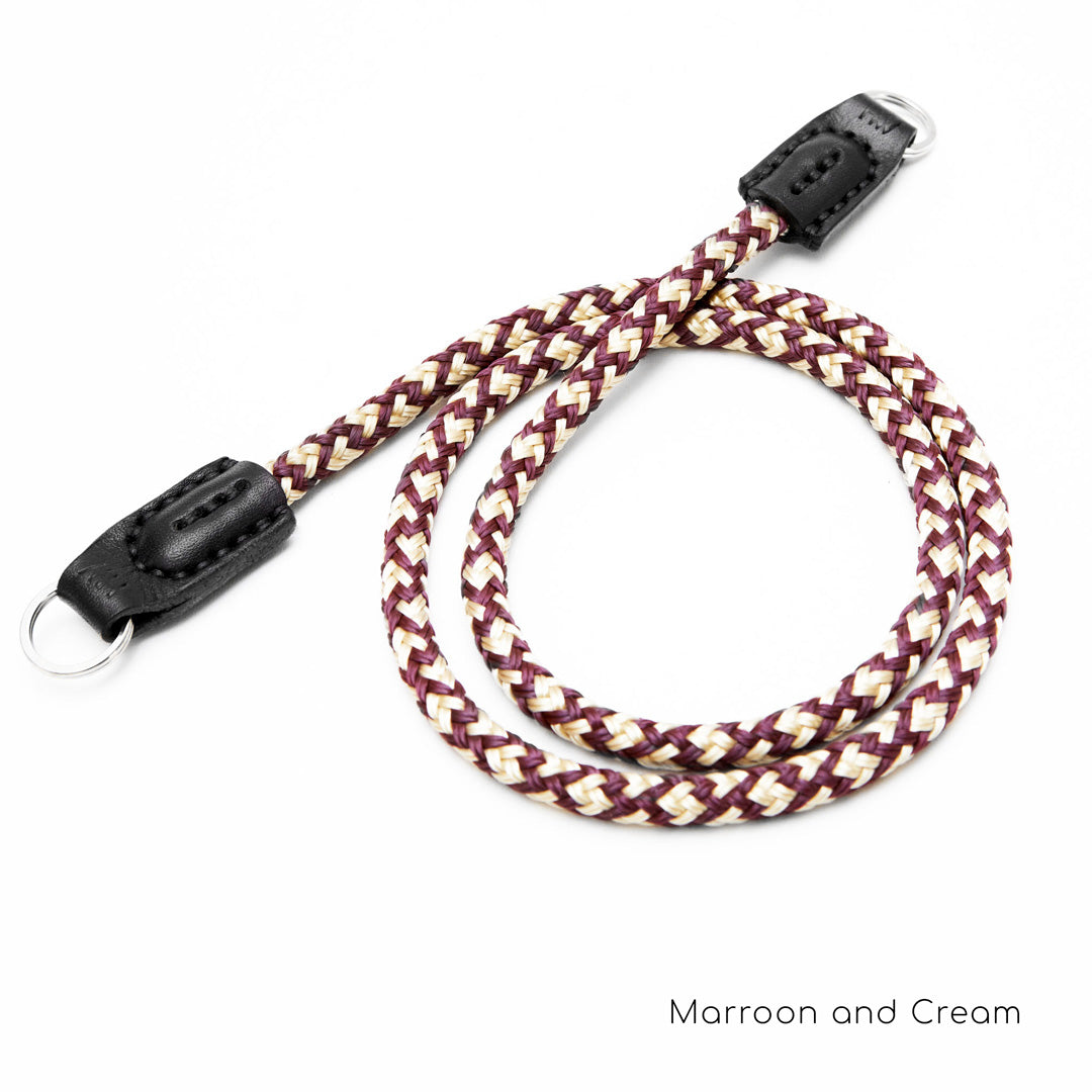 The Shorty 75cm rope camera strap in Marroon/CreamWhite handmade by Henry and Wilde in Western Australia.