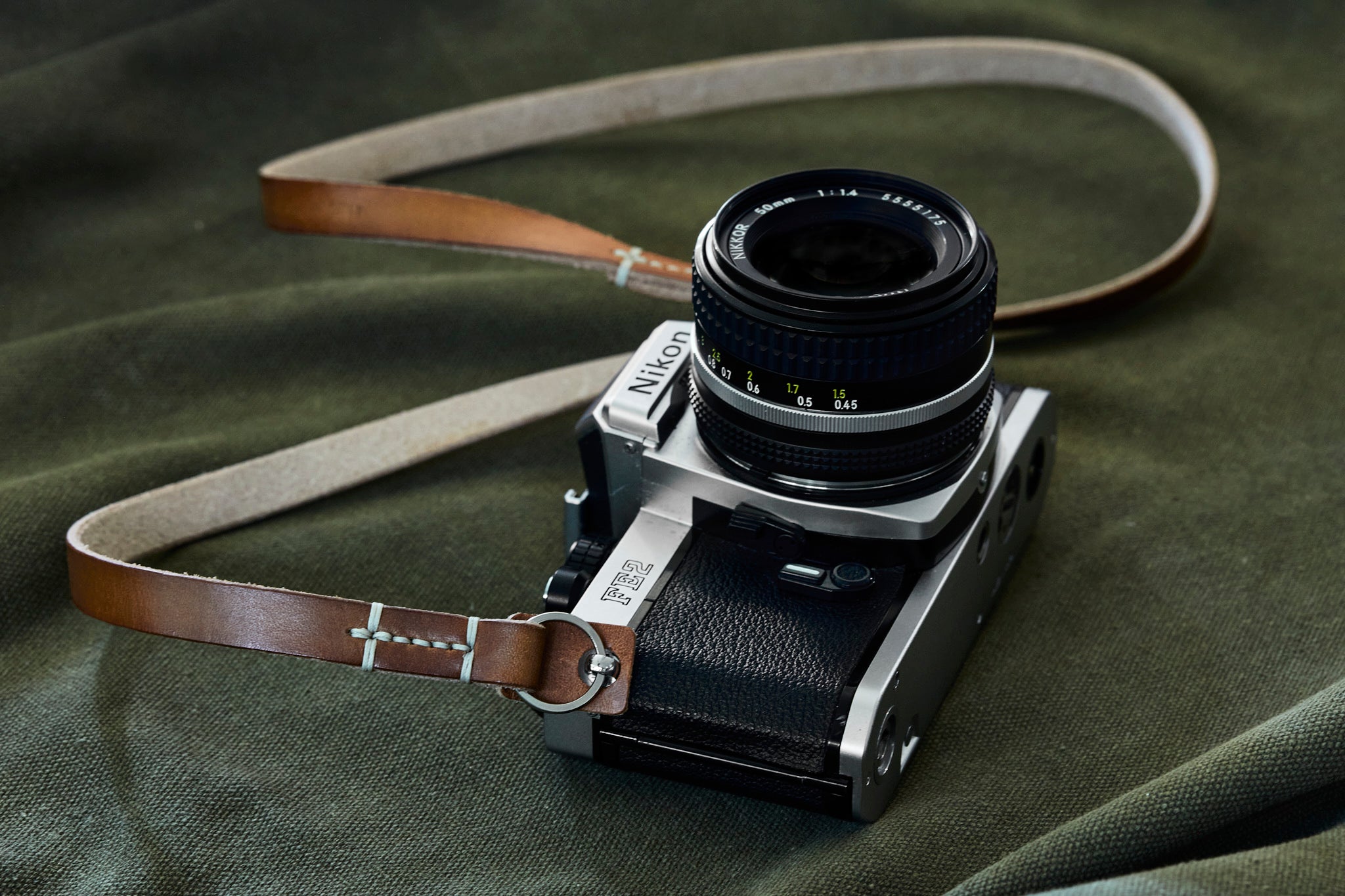 Dusty Slim leather camera strap handmade by Henry and Wilde.