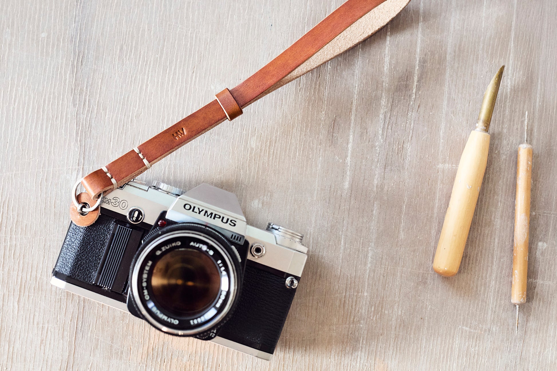 Gibson leather camera wrist strap handmade in Western Australia by Henry and Wilde