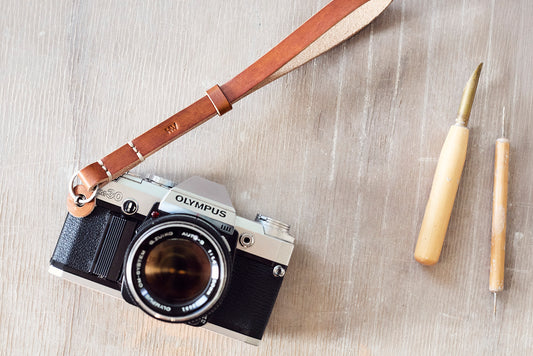 Gibson leather camera wrist strap handmade in Western Australia by Henry and Wilde