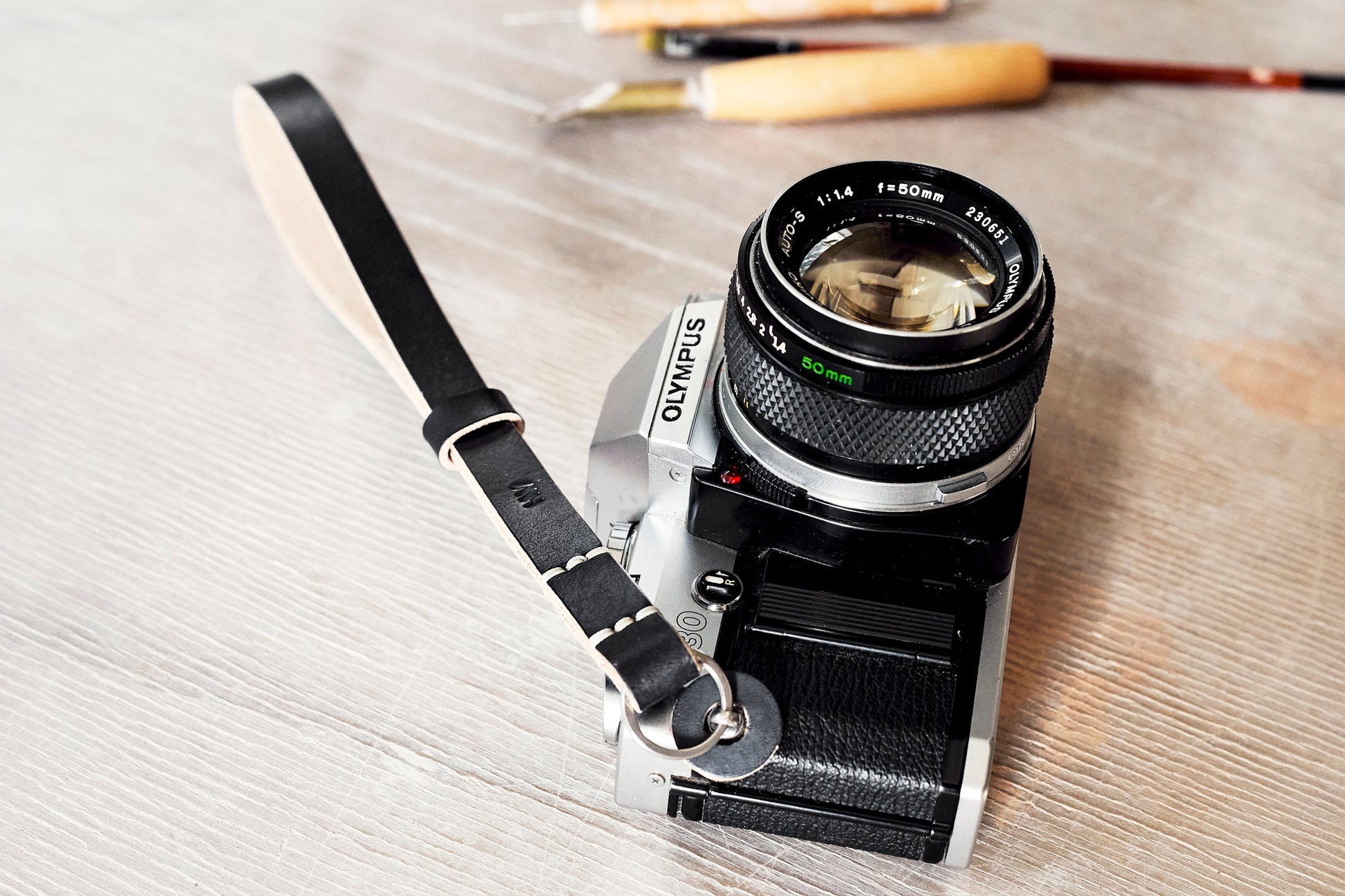 Gibson leather camera wrist strap handmade in Western Australia by Henry and Wilde