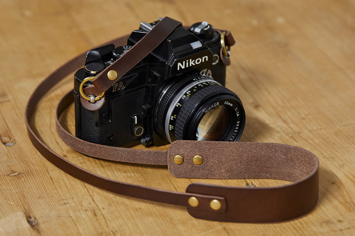 Marlowe dark brown Buttero leather camera strap with solid brass hardware, handmade by Henry and Wilde Western Australia
